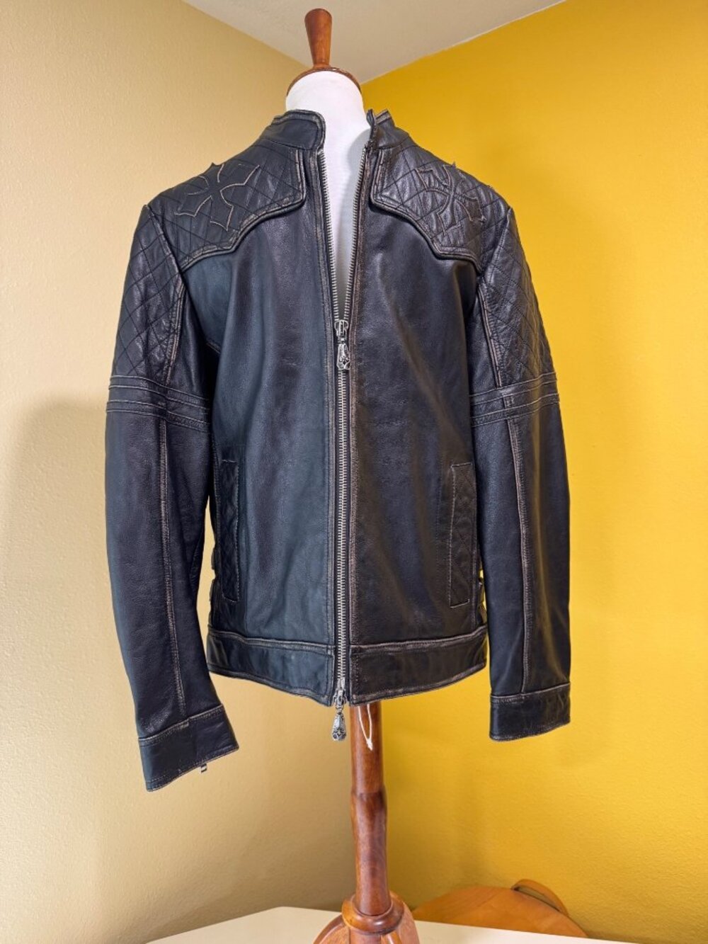 Affliction Mens Black Premium Live Fast Leather Jacket Limited Edition Size Medi